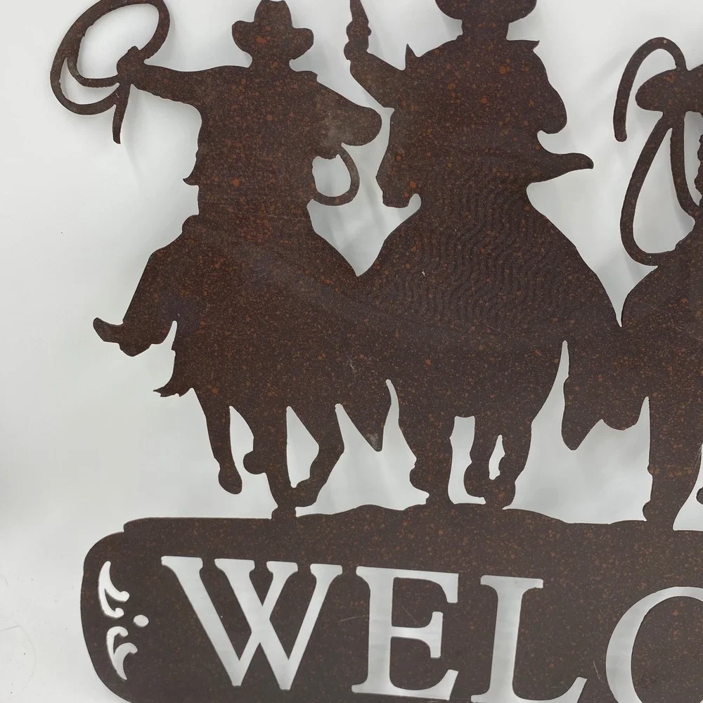 Large Metal Cowboy Welcome Sign Rust Brown Western Wall Art Ranch Rodeo Horse